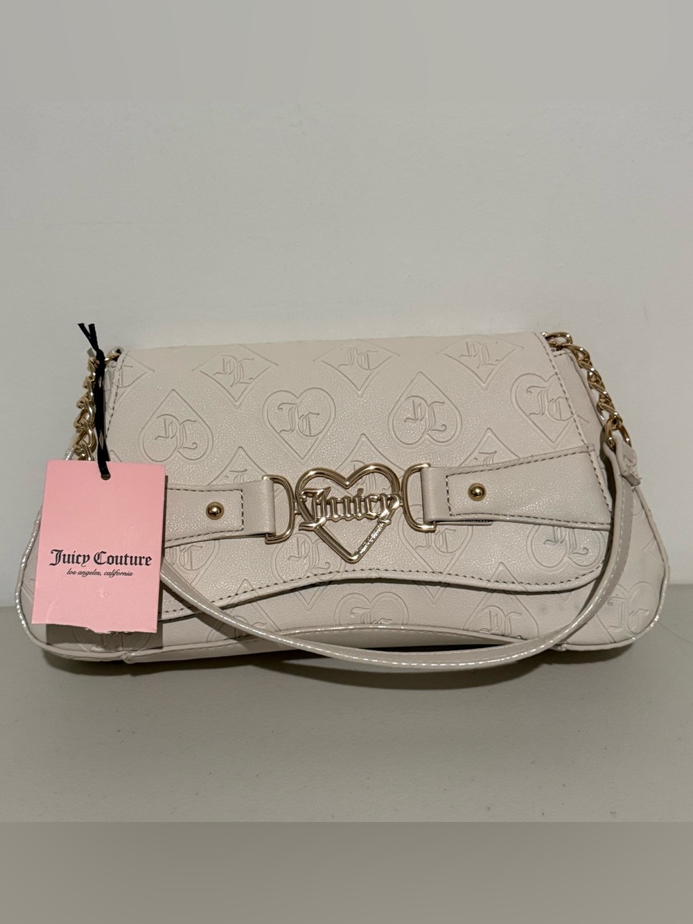 Juicy Couture Ivory Quilted Heart Logo Shoulder Bag with Gold Hardware
